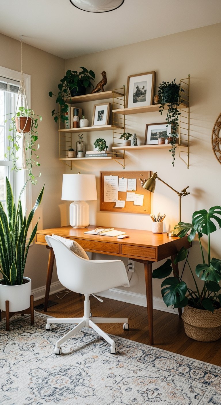 Bureau en bois mid century avec étagères murales modulables dorées