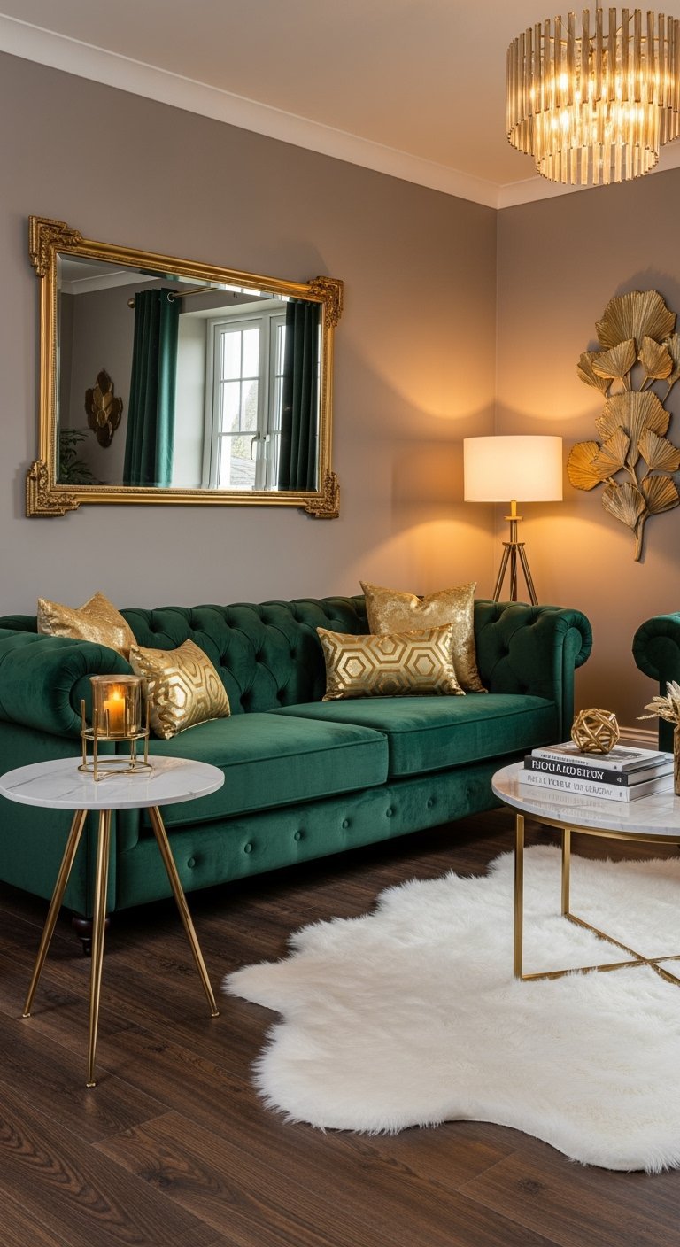 Canapé chesterfield en velours vert avec des coussins dorés