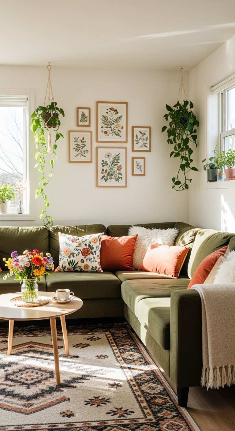 Canapé dangle vert olive avec plantes suspendues et cadres botaniques
