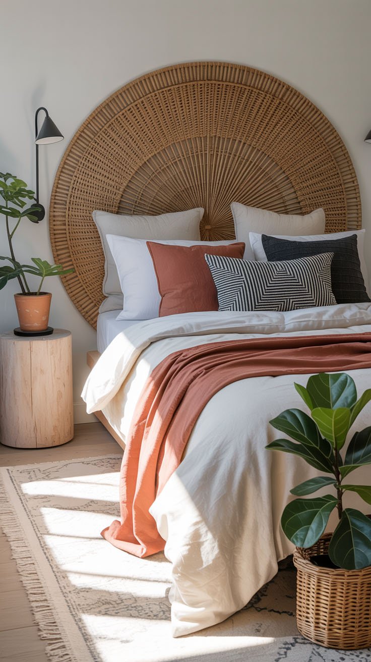 Chambre bohème avec tête de lit ronde en rotin et coussins terracotta