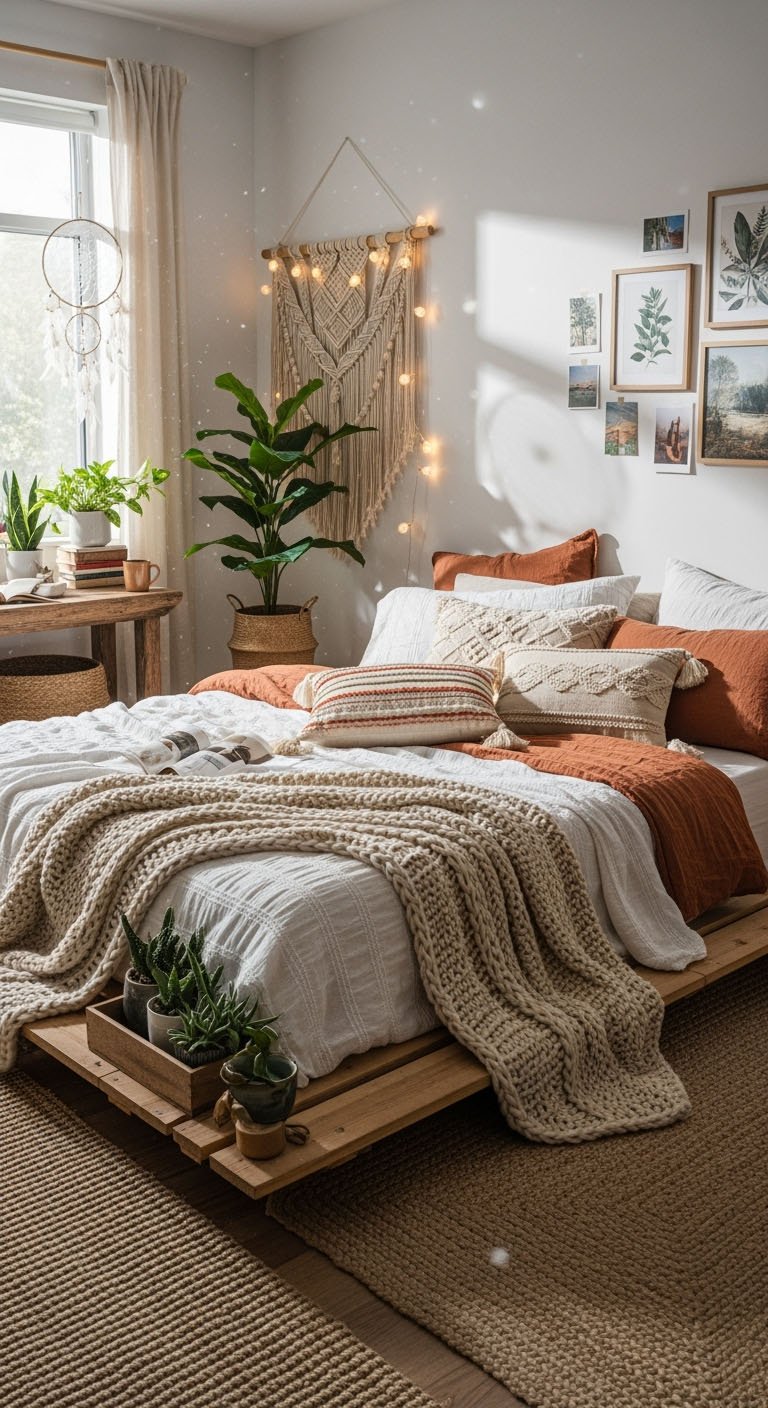 Chambre boho chic minimaliste avec lit plateforme en bois et macrame