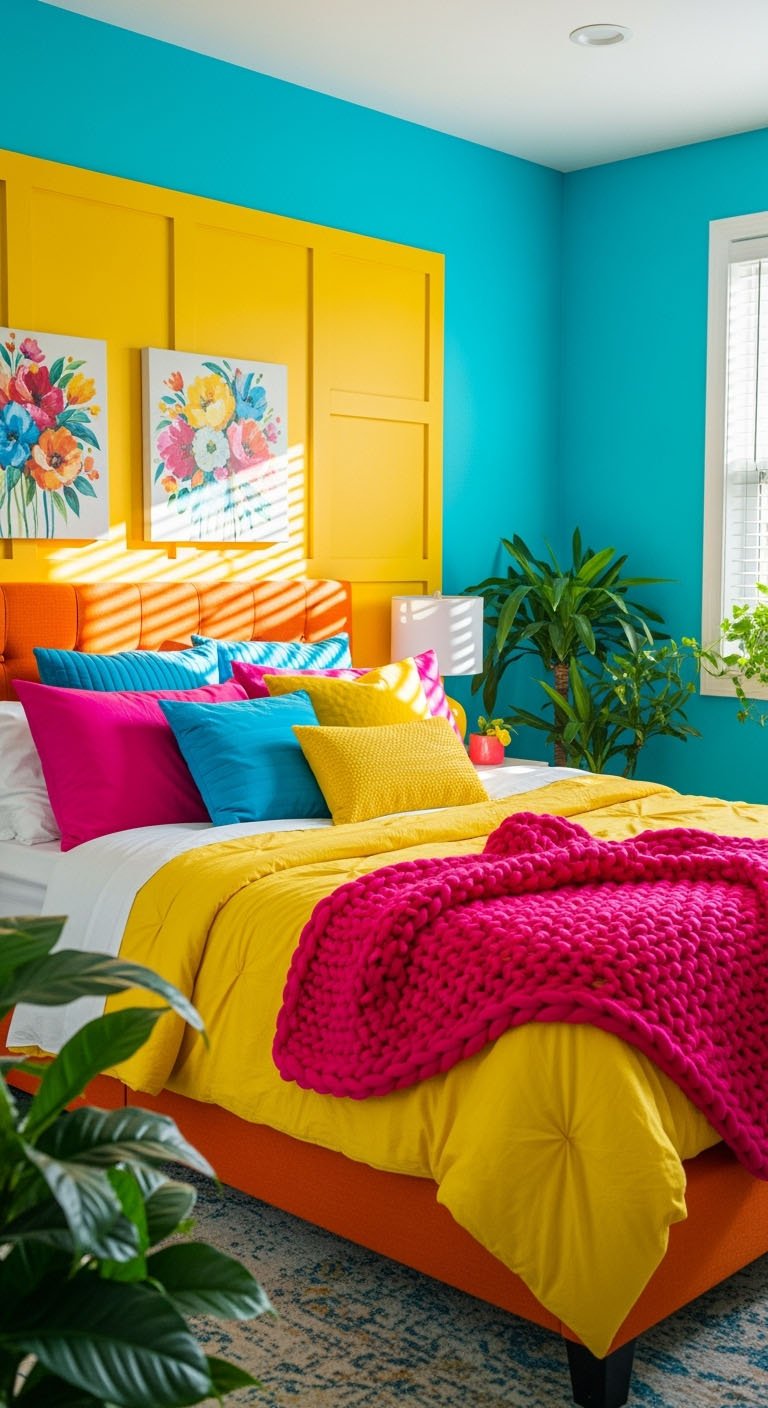 Chambre colorée avec mur turquoise et tête de lit jaune