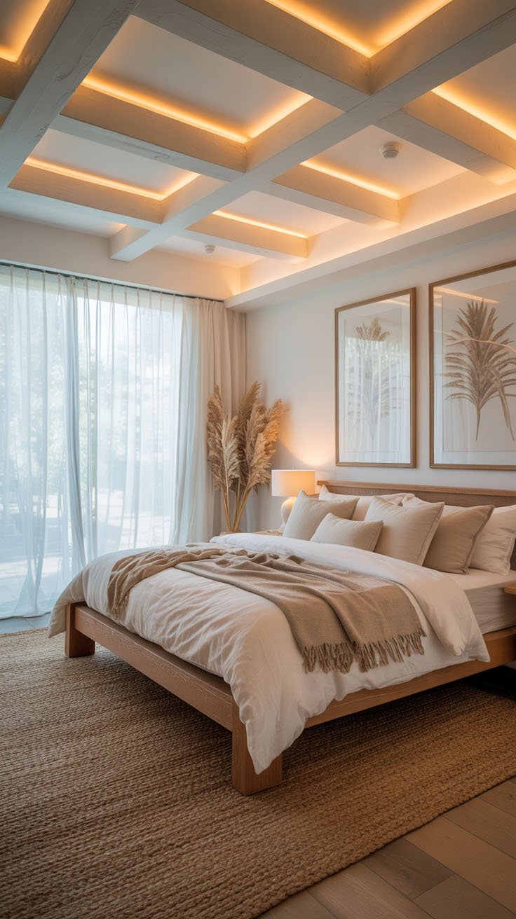 Chambre de luxe neutre avec éclairage de plafond intégré