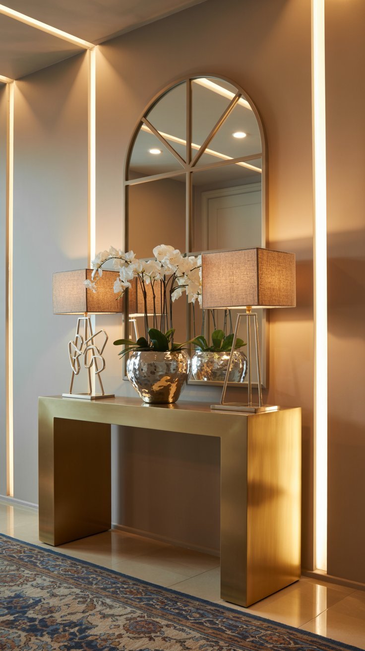 Console dorée avec miroir arqué et lampes de table