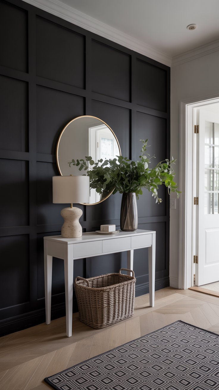 Mur accent noir avec console blanche et miroir rond doré