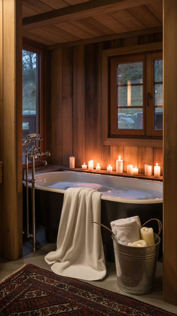 Salle de bain avec baignoire noire îlot entourée de bougies