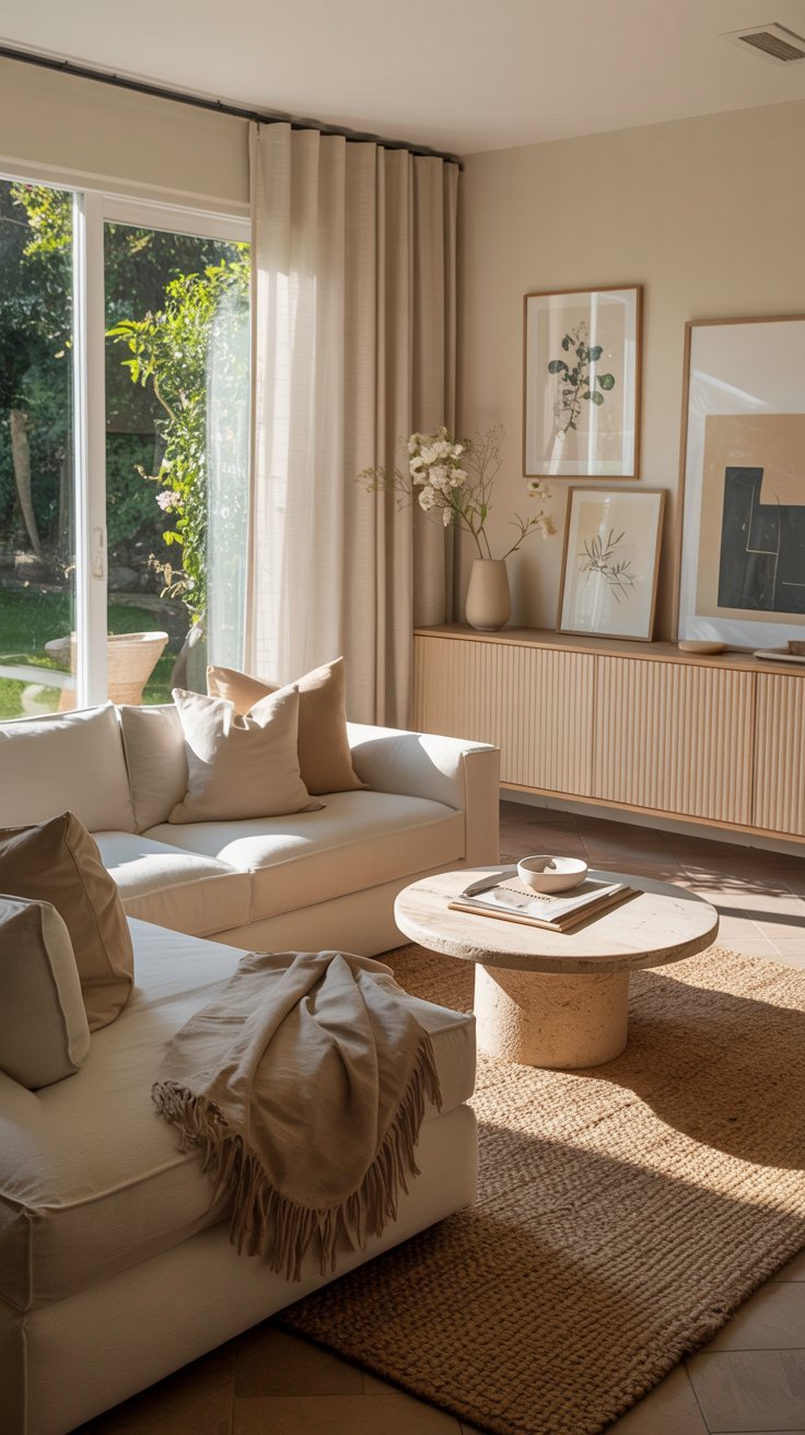 Salon lumineux avec canapé blanc et tapis en jute
