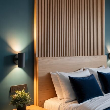 Tête de lit en tasseaux de bois clair intégrée avec chevets flottants sur un mur bleu