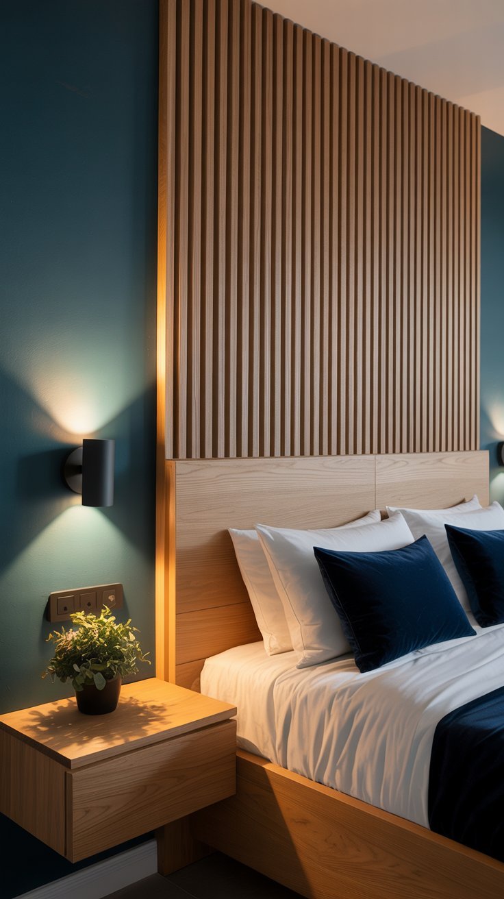 Tête de lit en tasseaux de bois clair intégrée avec chevets flottants sur un mur bleu