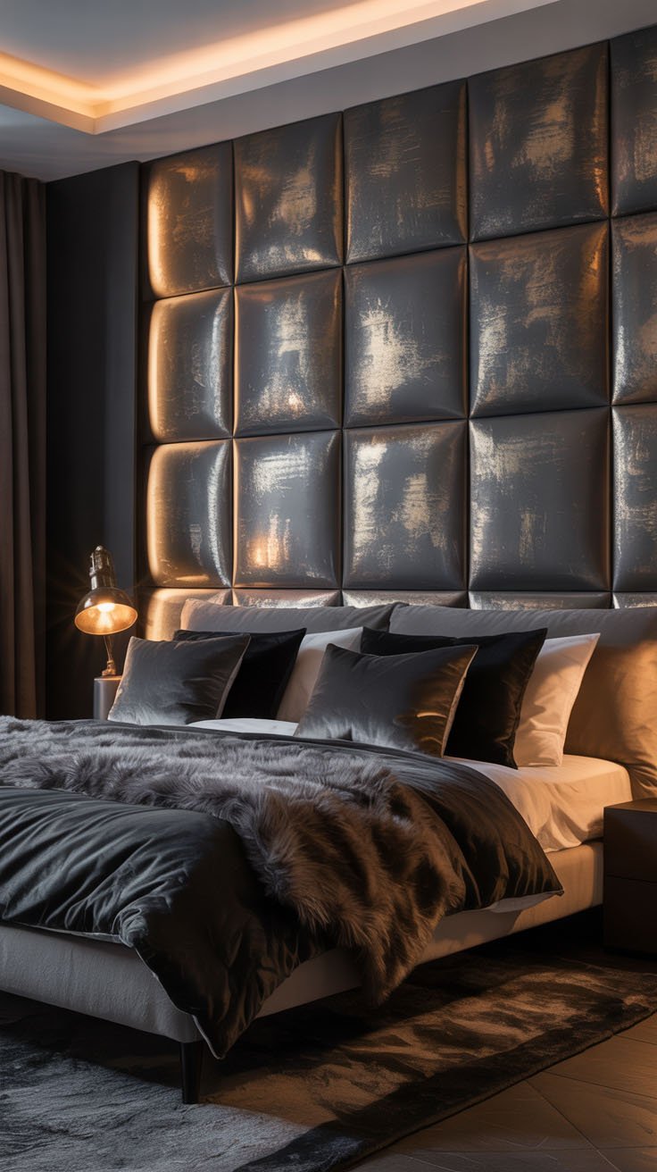 Chambre sombre avec tête de lit capitonnée et plaid en fausse fourrure