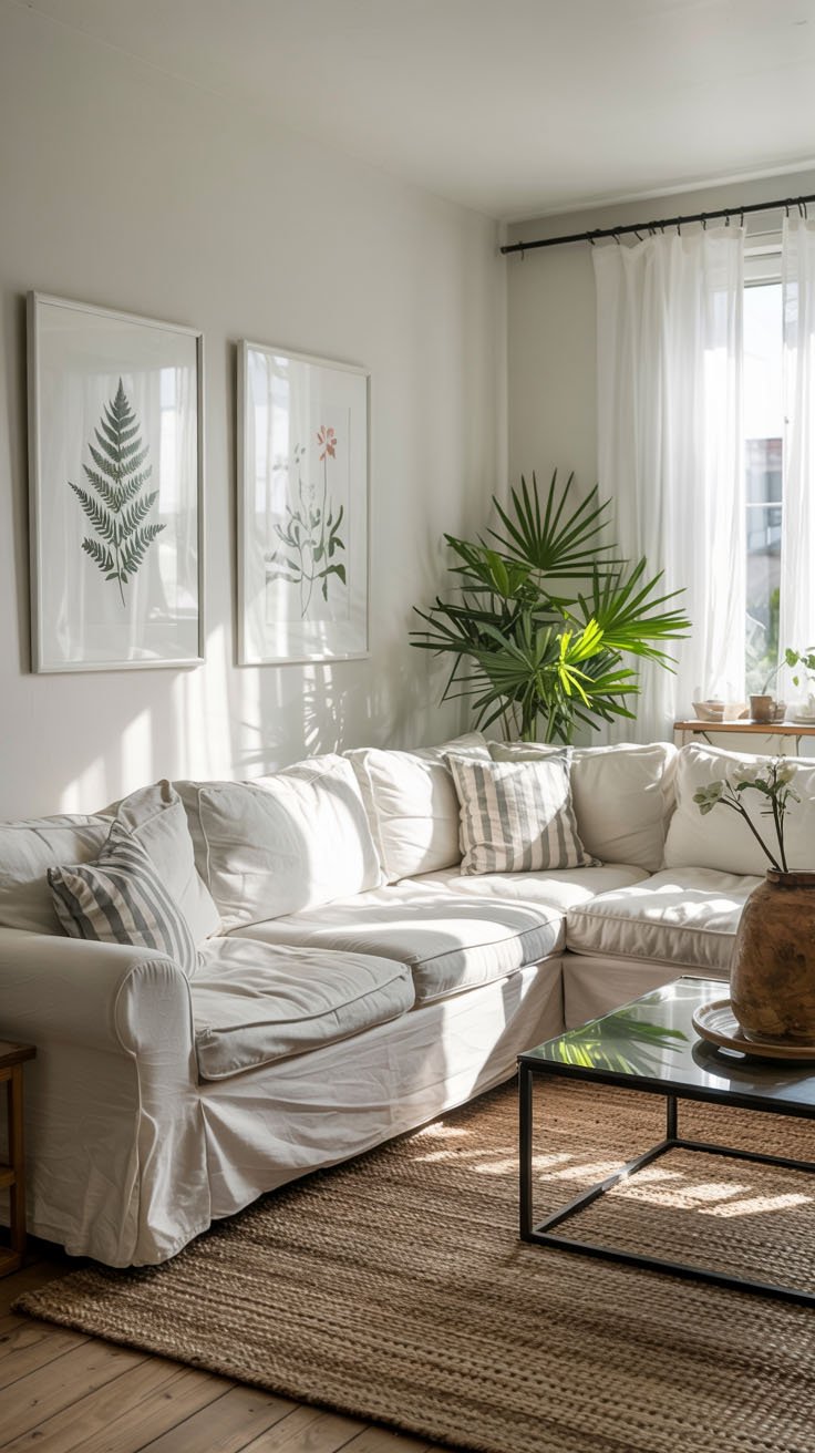 Grand canapé d'angle blanc avec coussins rayés dans un salon lumineux avec plantes