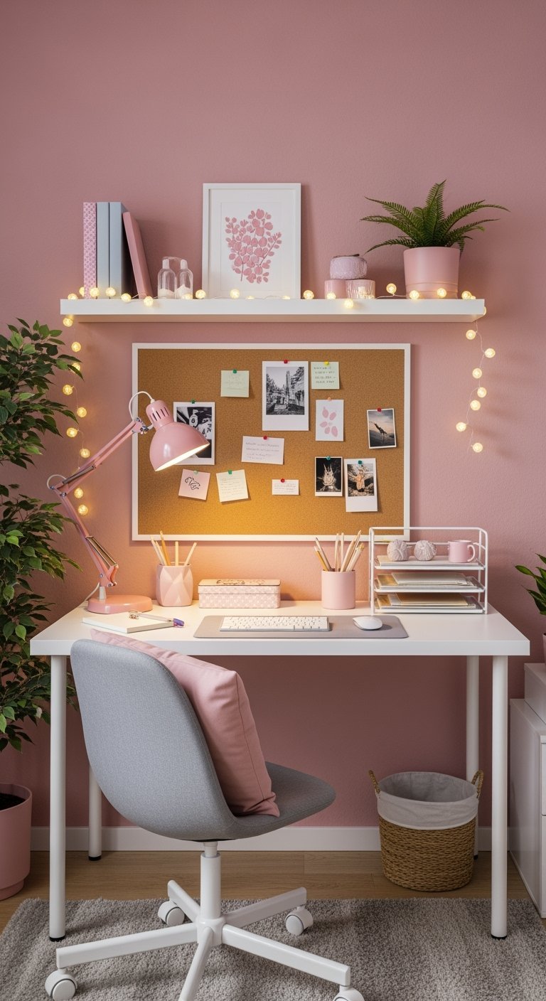 Bureau blanc avec tableau en liège et guirlande lumineuse sur une étagère