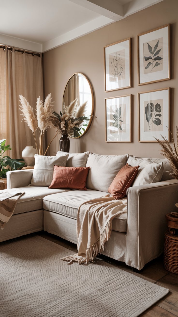 Canapé dangle beige avec coussins terracotta et miroir rond