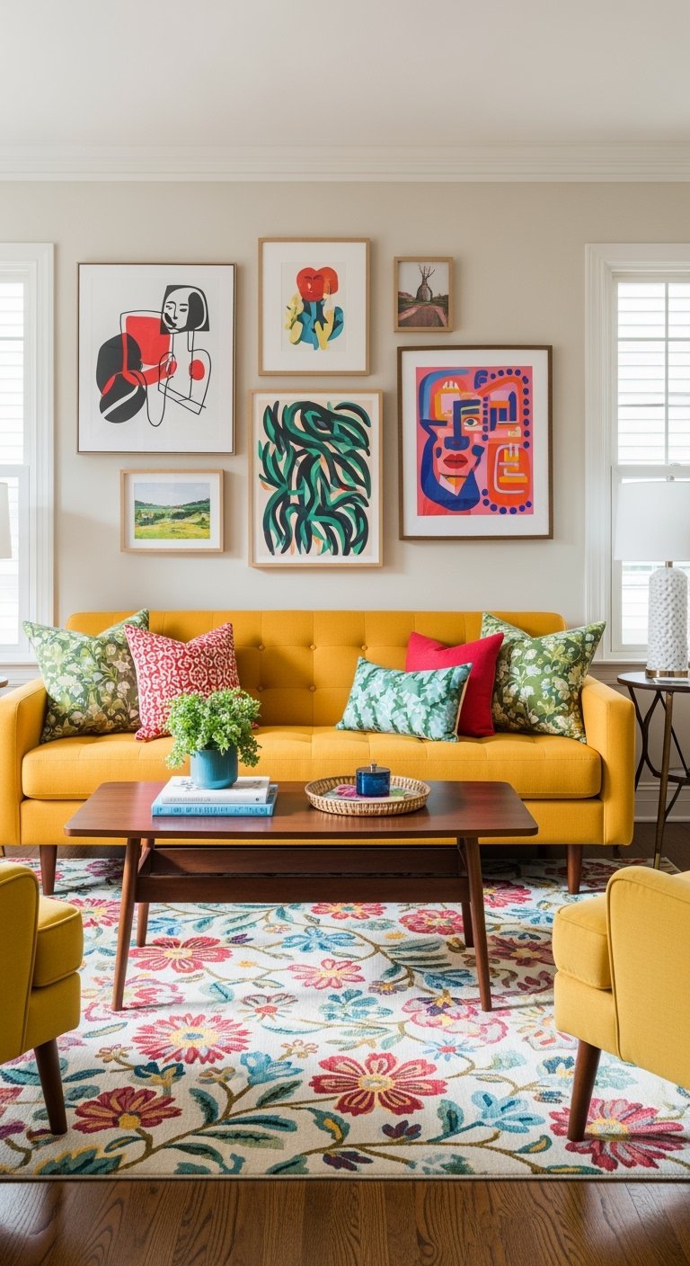Canapé jaune vif avec mur de cadres colorés et tapis floral