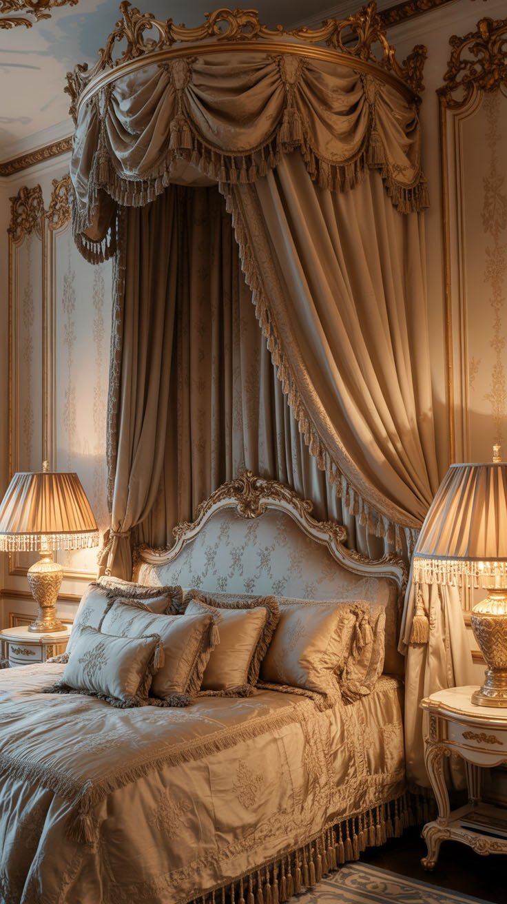 Chambre baroque luxueuse avec lit à baldaquin et tons dorés