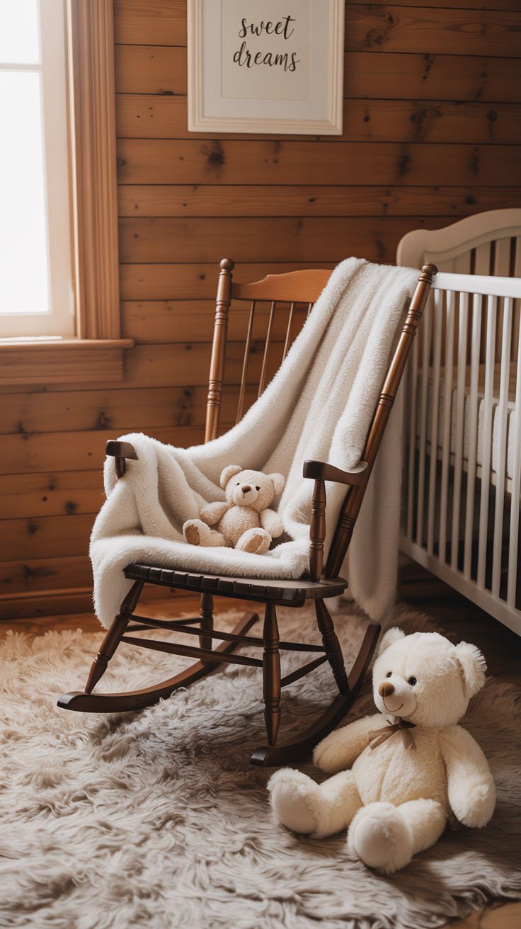 Chambre d'enfant avec fauteuil à bascule et ours en peluche