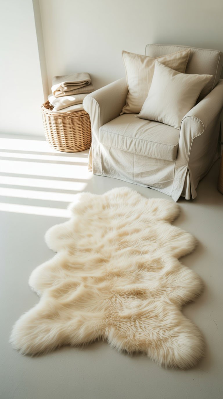 Coin détente avec fauteuil beige et tapis en fausse fourrure blanche