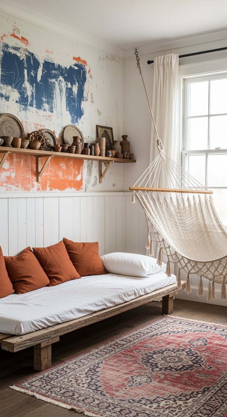 Espace de detente avec canape simple et hamac en macrame