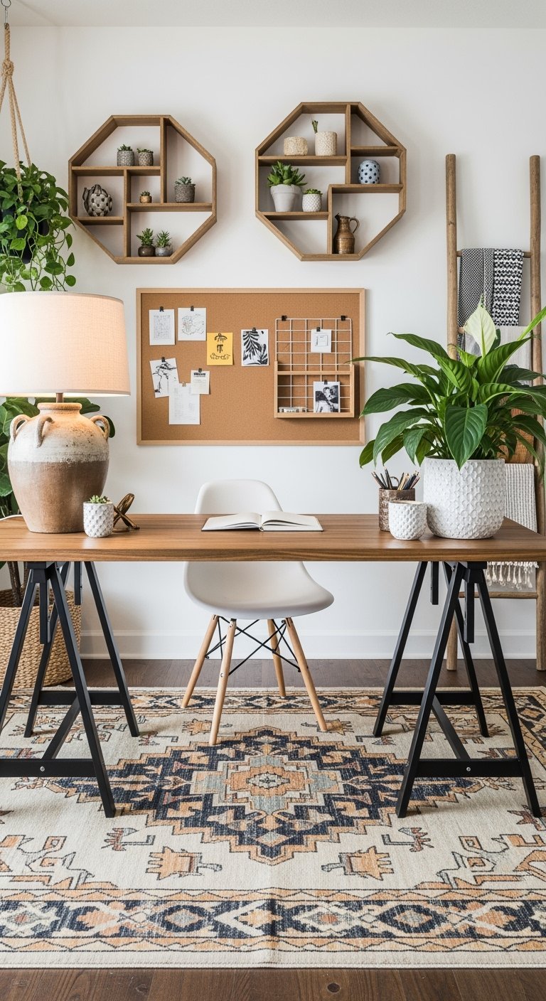 Grand bureau en bois sur tréteaux noirs avec étagères hexagonales et tapis ethnique