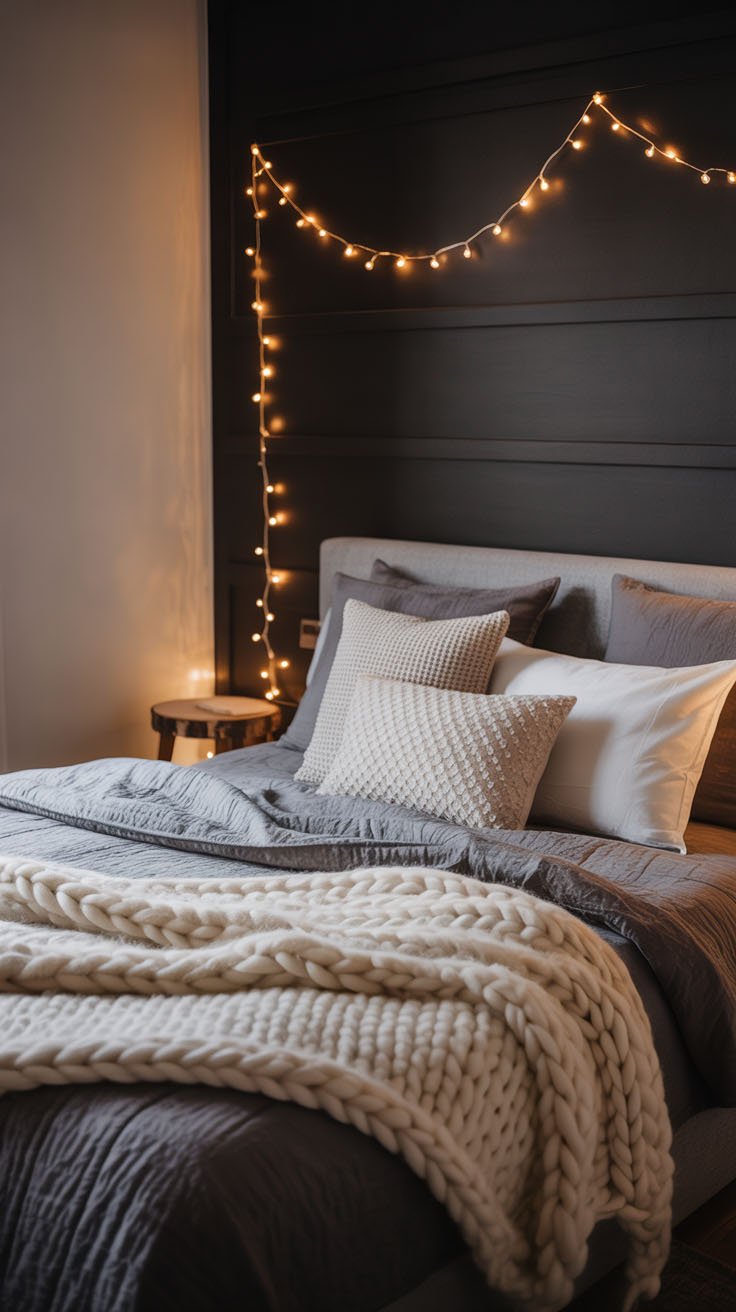 Lit avec couverture en grosse maille et guirlande lumineuse sur mur sombre