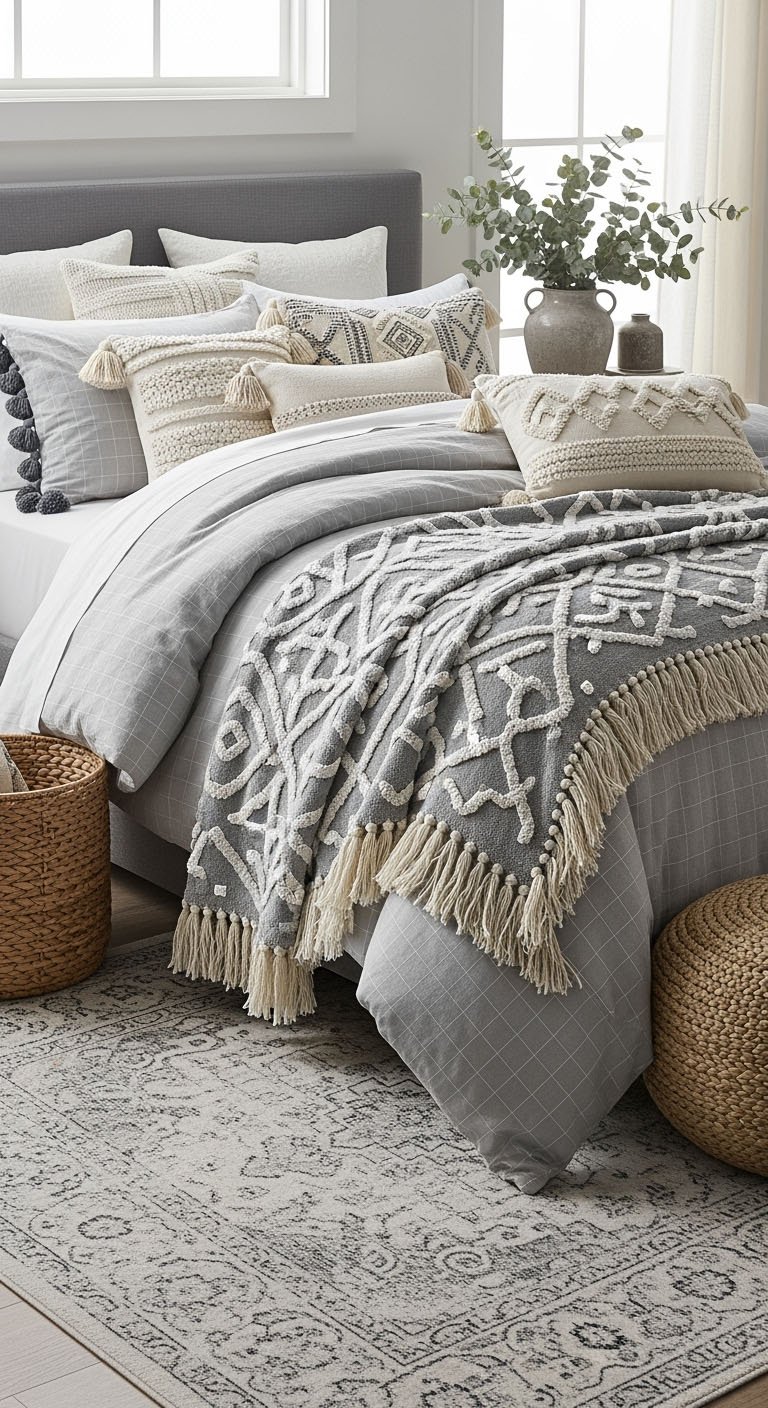 Lit gris avec plaid texturé à franges blanches