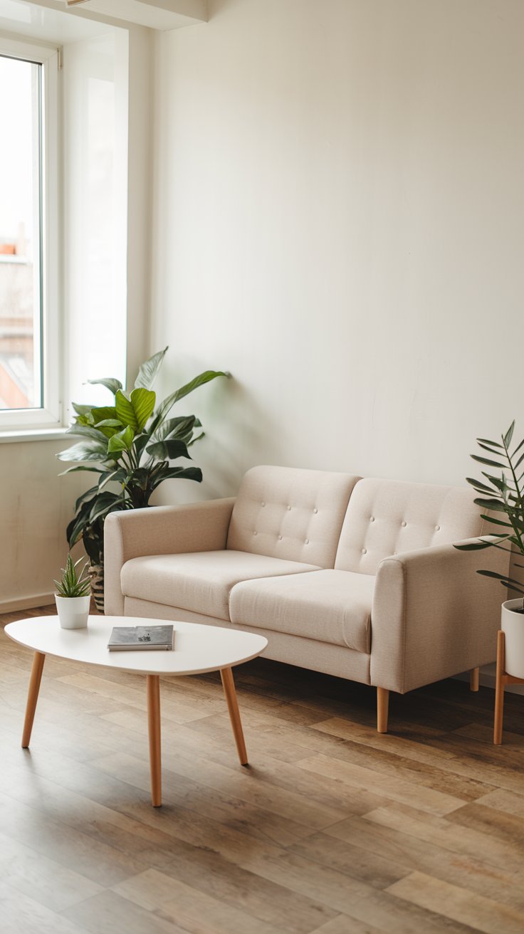 Petit canapé beige dans un salon scandinave lumineux et minimaliste