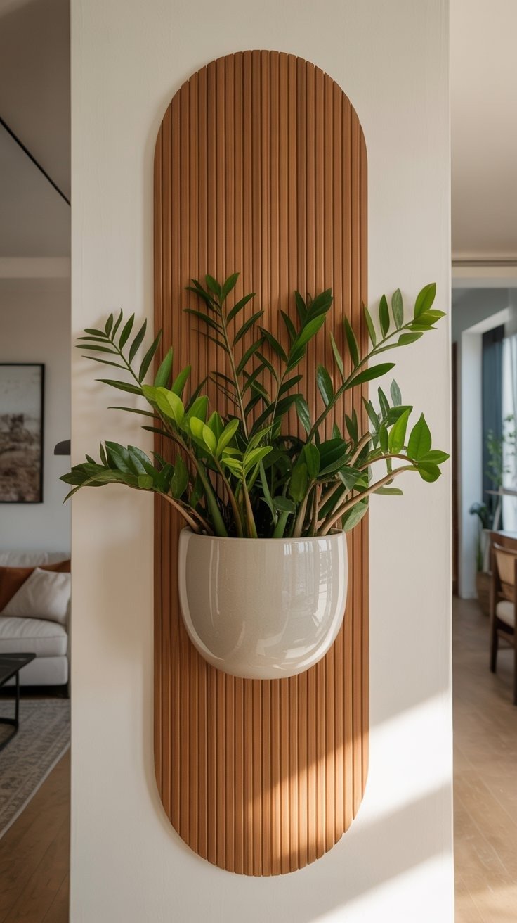 Support mural décoratif en tasseaux avec une plante verte