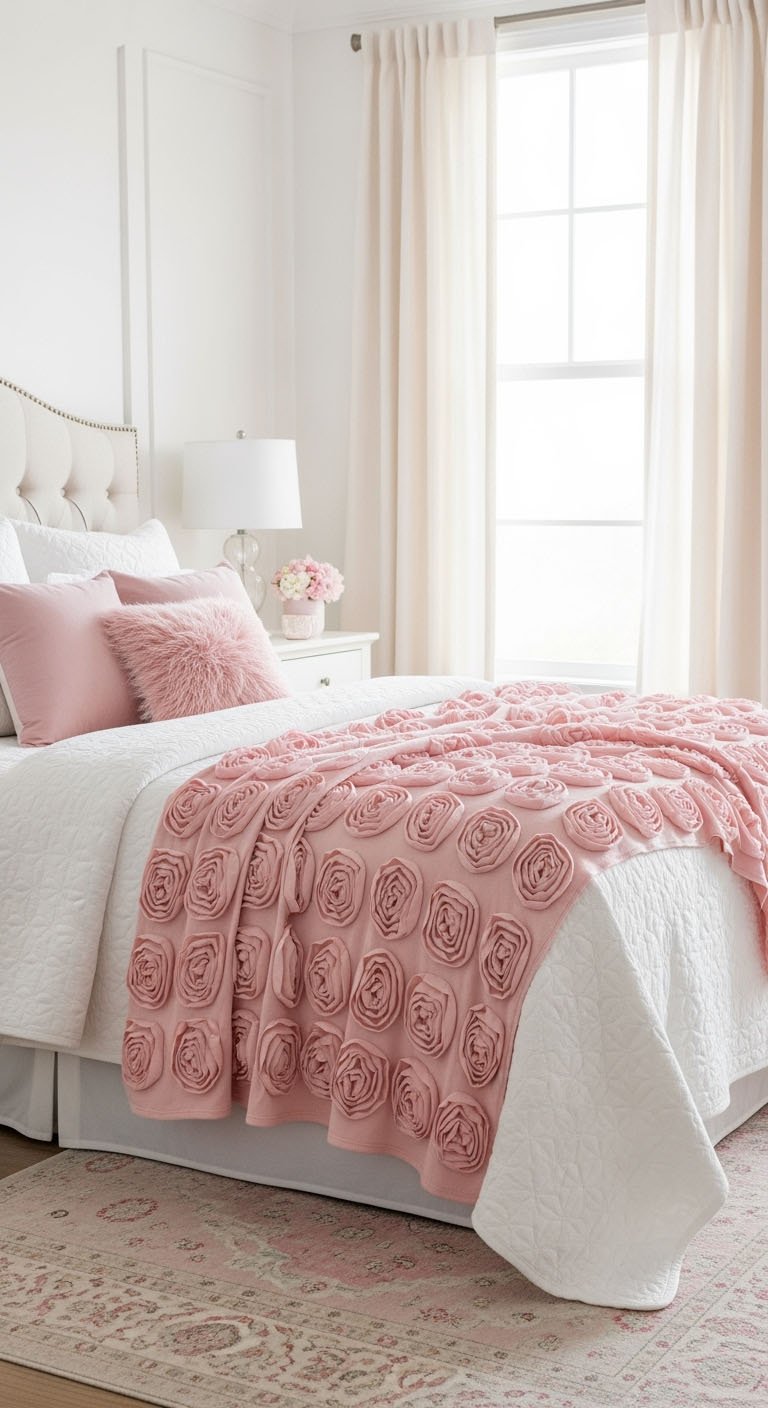 Chambre romantique blanche et rose avec un jeté de lit à motifs de roses en relief.