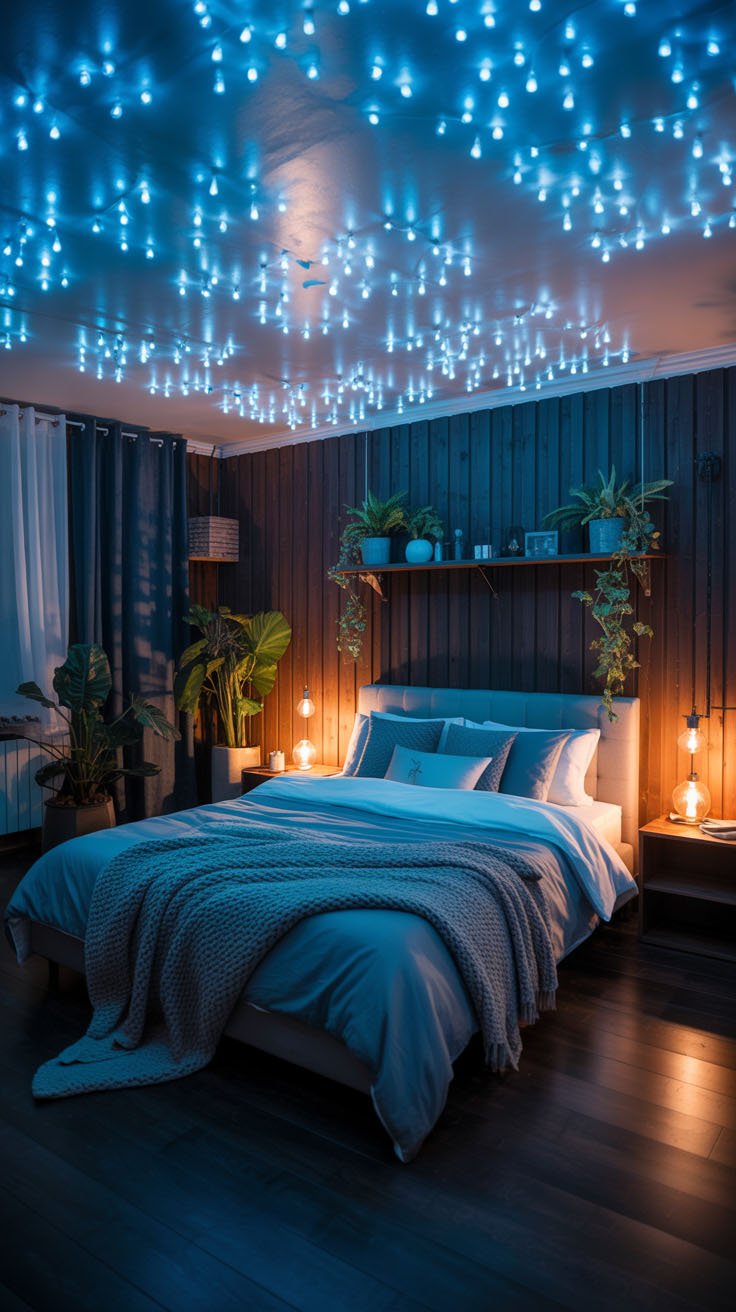 Chambre avec plafond décoré de guirlandes lumineuses bleues