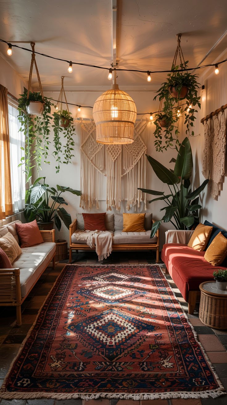 Salon de style bohème avec plantes suspendues, tapis coloré et guirlandes lumineuses