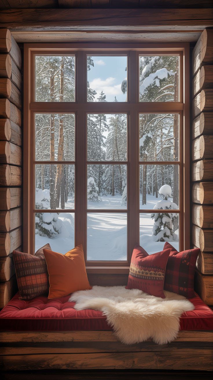 Banquette de fenêtre avec coussin rouge et vue sur une forêt enneigée
