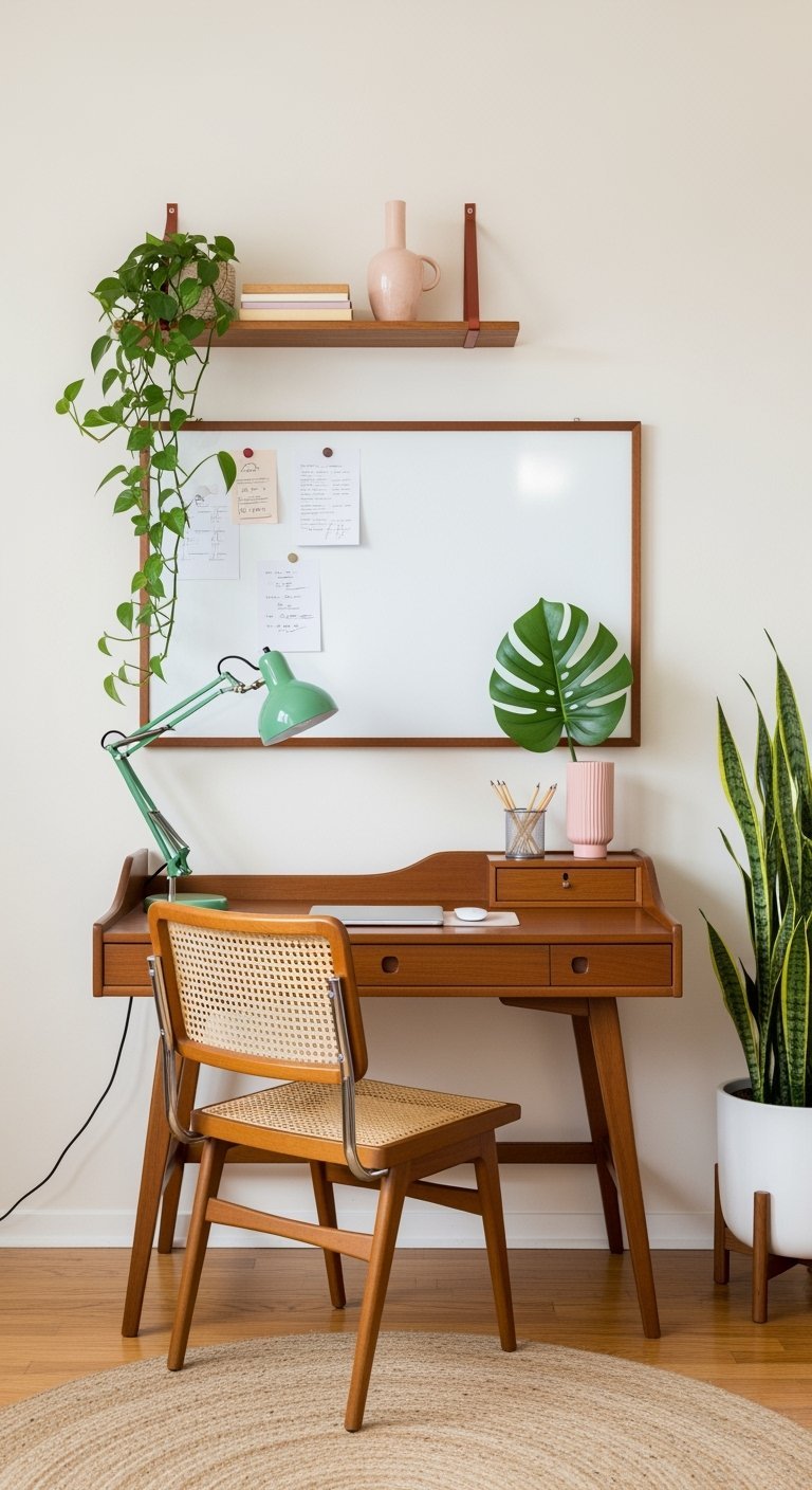 Bureau en bois vintage avec chaise en cannage et lampe de bureau verte