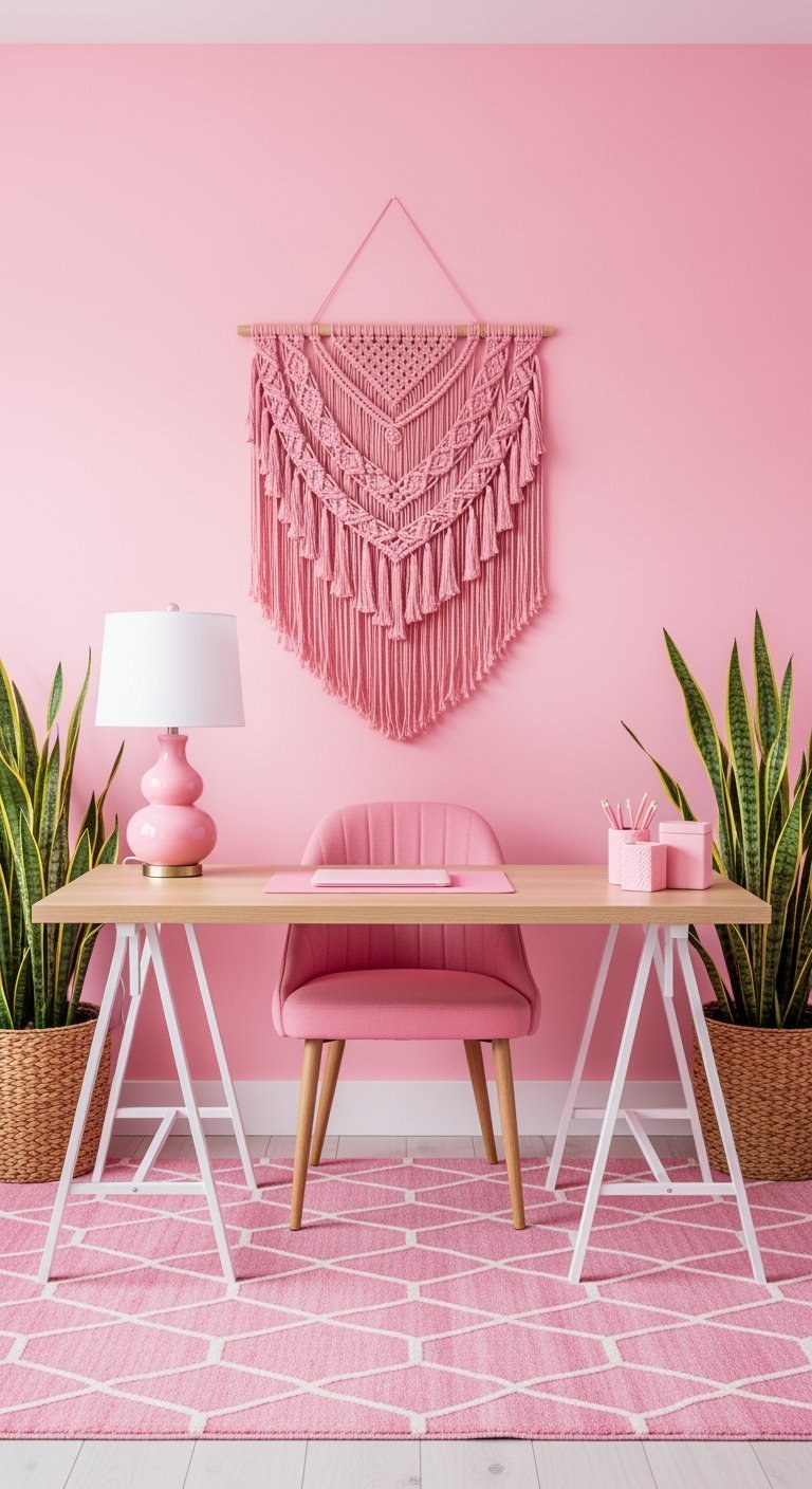 Bureau rose avec grand macramé mural et deux plantes sansevières