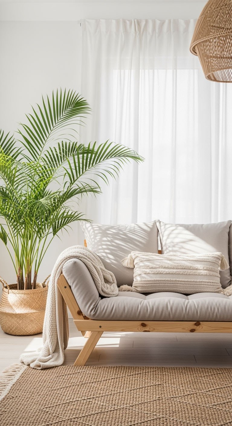 Canapé en bois clair avec plante de palmier dans un panier