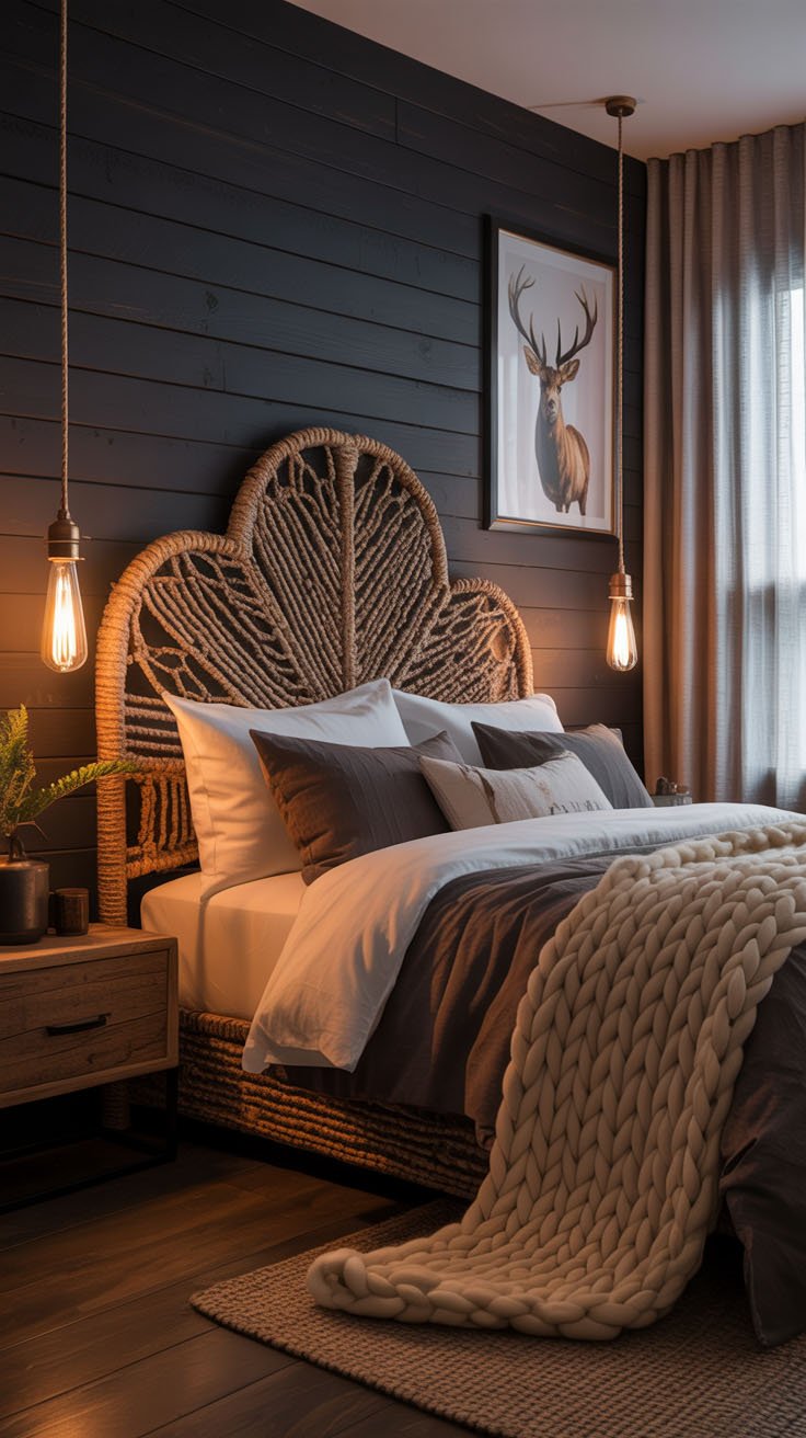 Chambre bohème avec tête de lit en macramé et mur en bois
