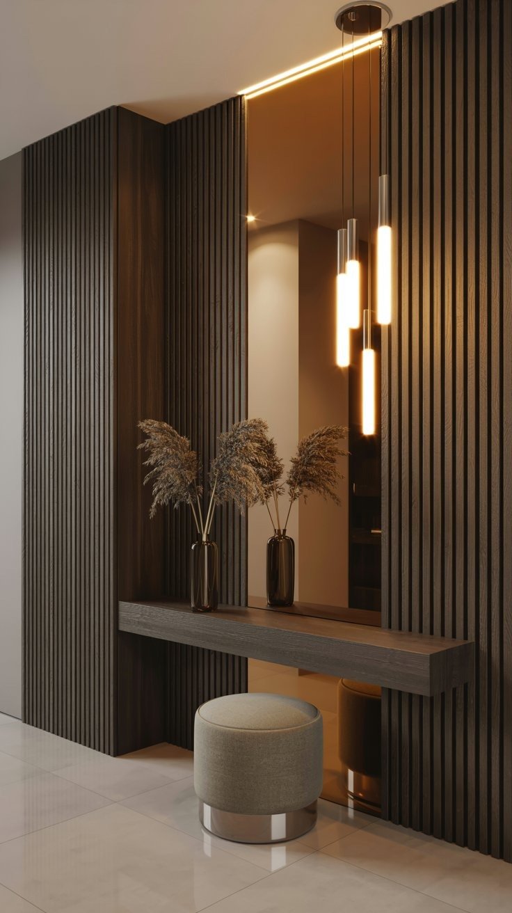 Entrée de luxe avec tasseaux foncés et grand miroir éclairé