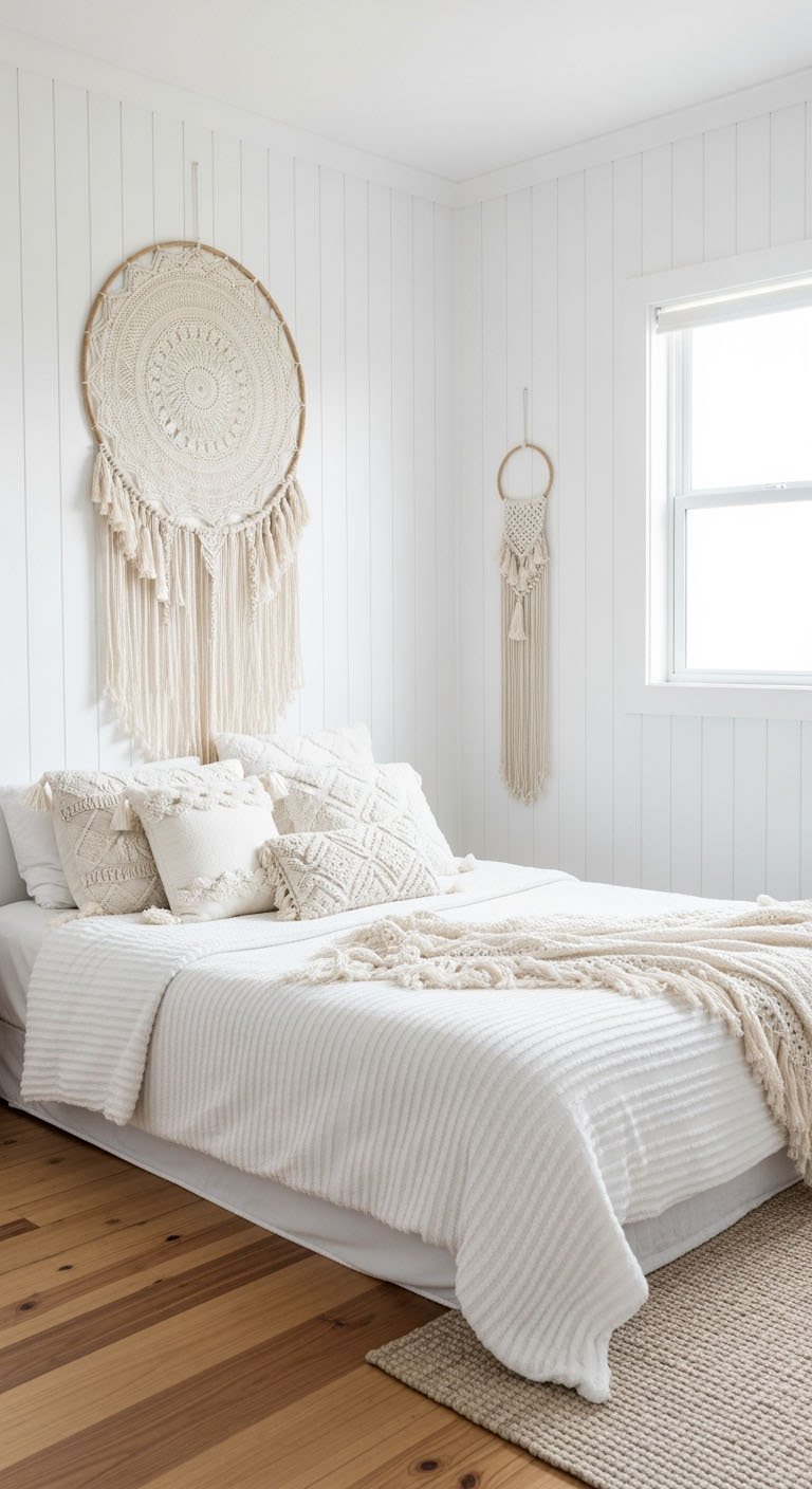 Grande tenture murale en macrame au dessus d'un lit blanc