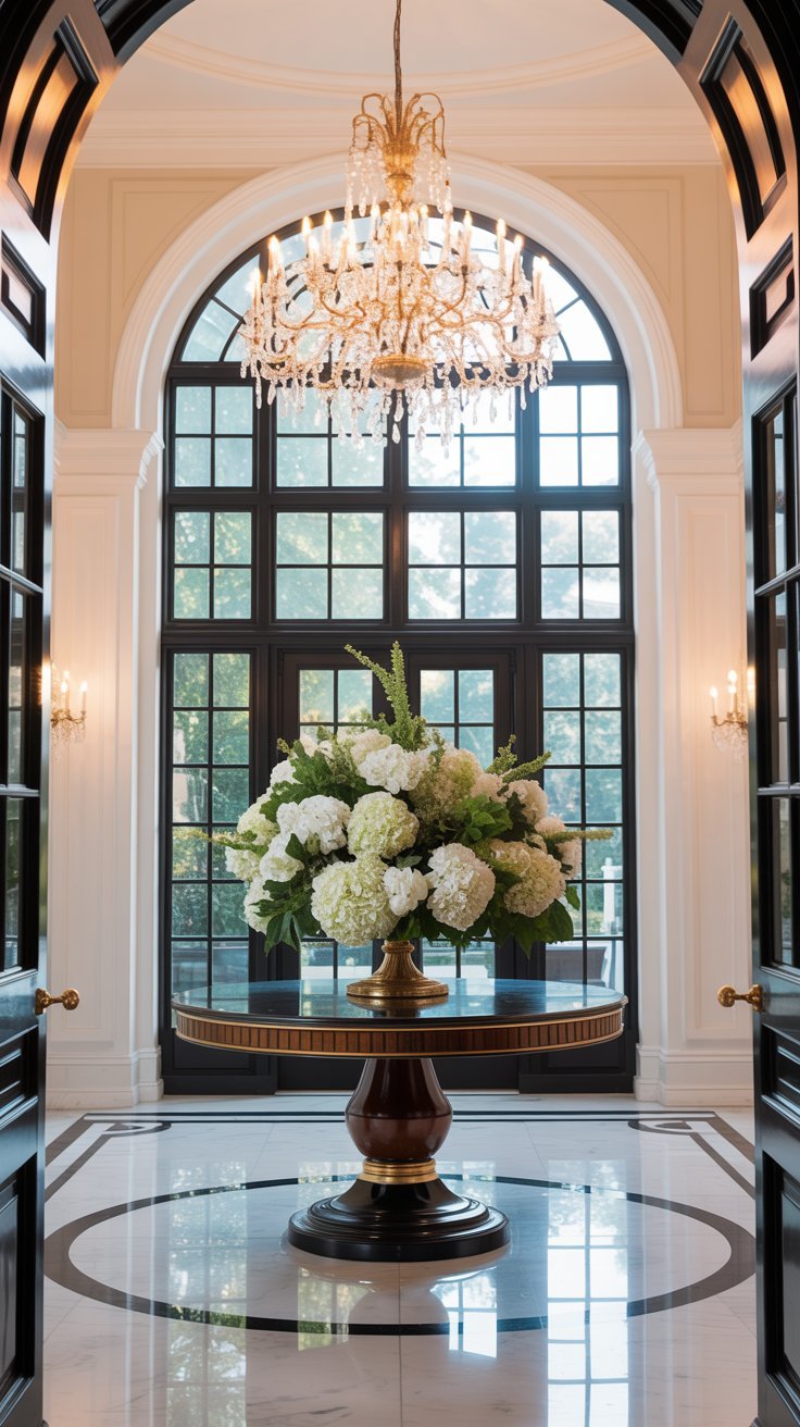 Hall entrée luxueux avec lustre en cristal et table ronde centrale