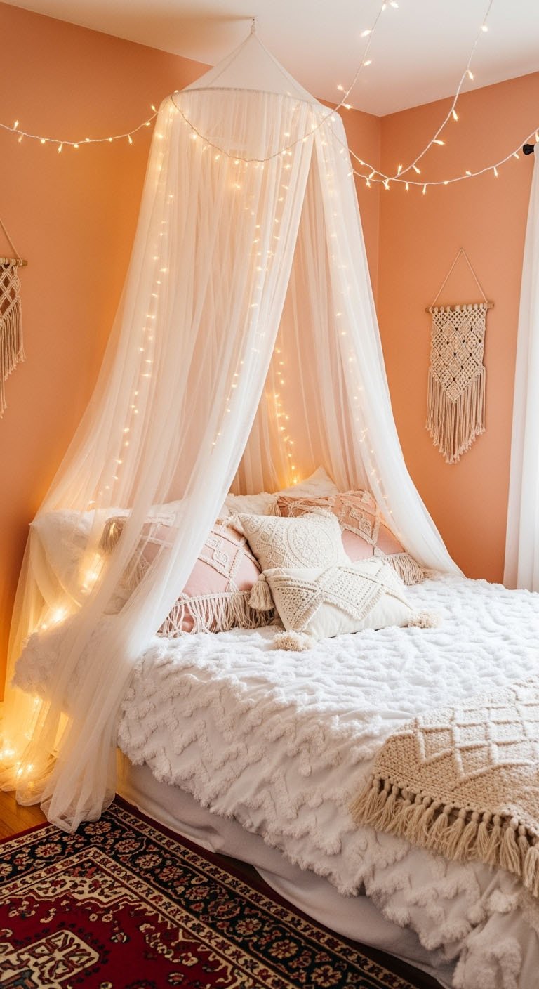 Lit avec ciel de lit en tulle et guirlandes lumineuses