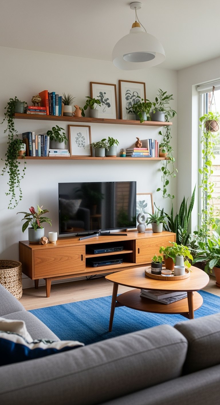 Meuble TV en bois de teck entouré de nombreuses plantes vertes