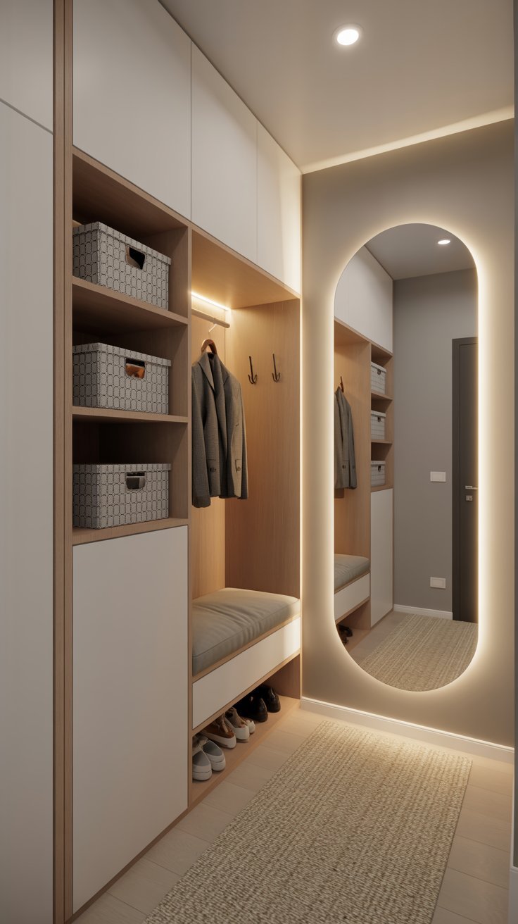 Meuble dentree blanc et bois avec miroir ovale rétroéclairé