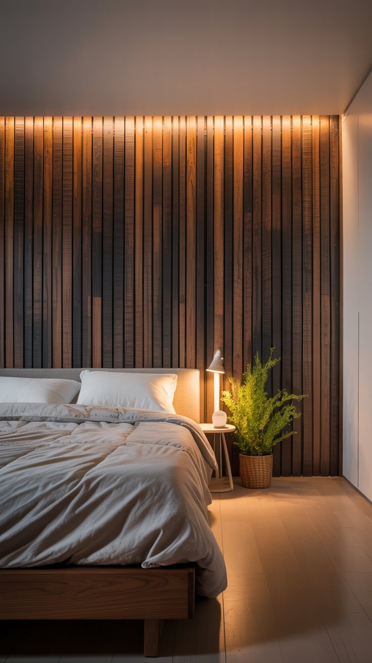 Mur de tasseaux de bois sombre derrière un lit avec un éclairage LED au plafond