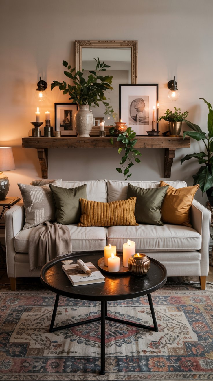 Salon cocooning avec canapé blanc et éclairage à la bougie