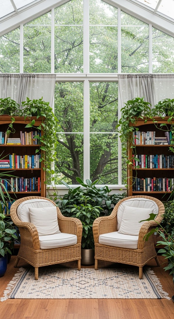 Véranda transformée en bibliothèque avec des fauteuils en rotin et beaucoup de plantes
