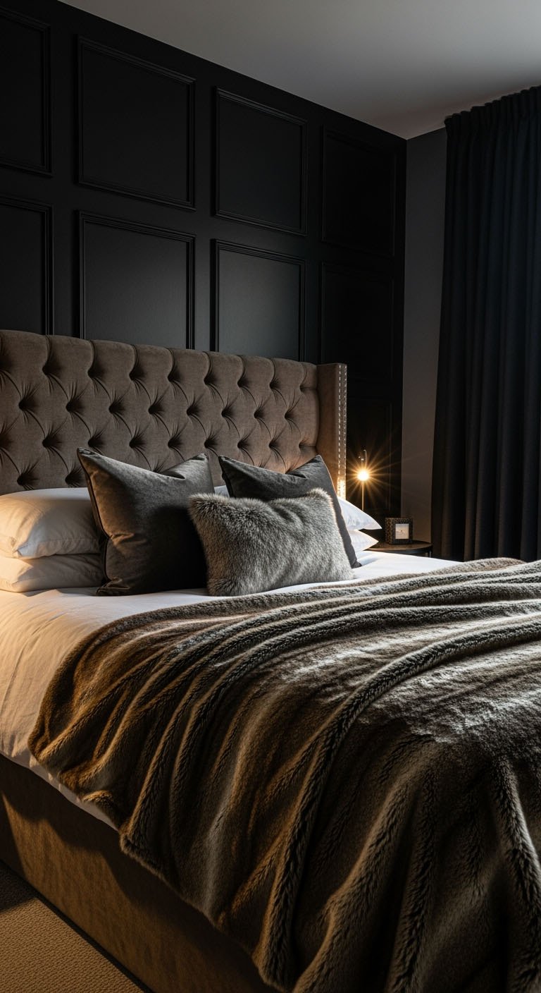 Chambre de luxe avec une tête de lit capitonnée et un jeté en fausse fourrure.