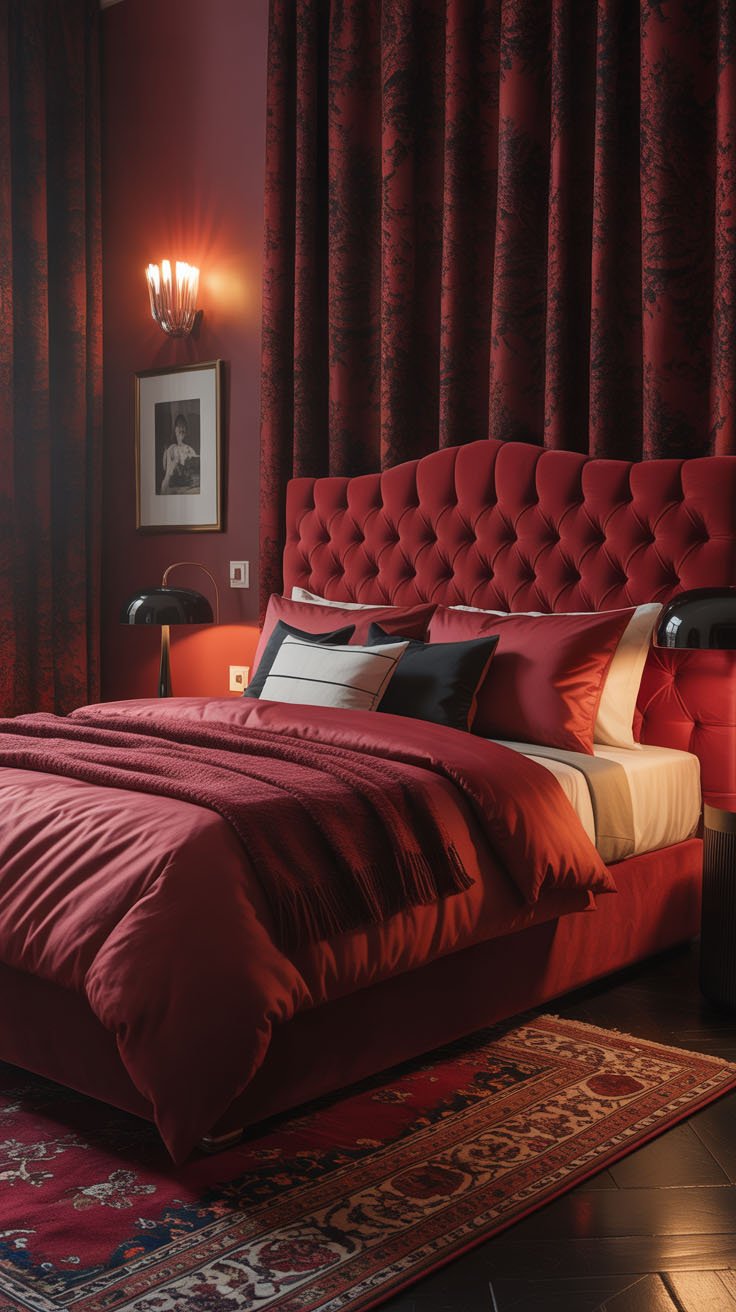 Chambre luxueuse rouge avec tête de lit en velours capitonné