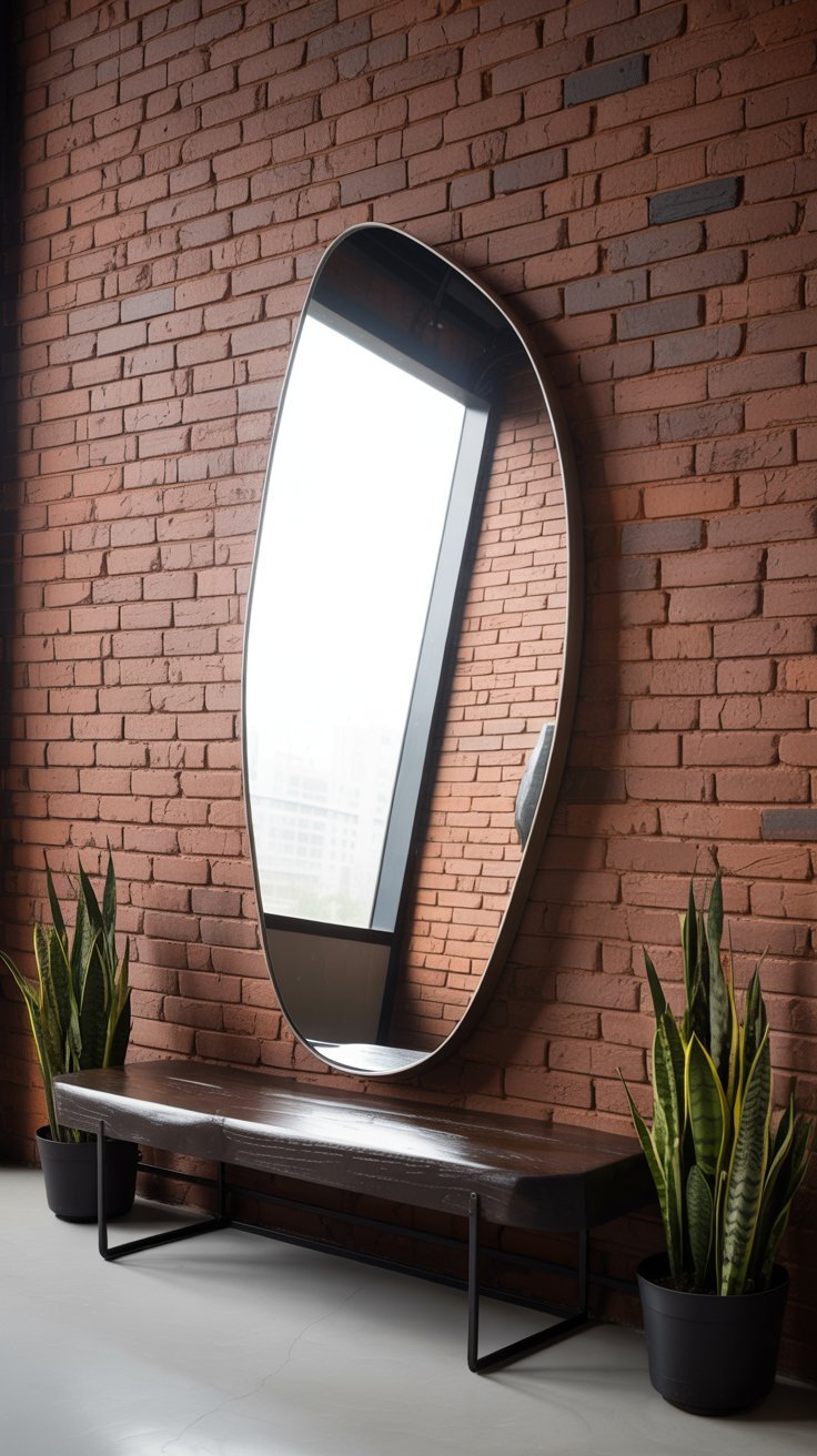 Banc en bois foncé et grand miroir organique devant un mur de briques