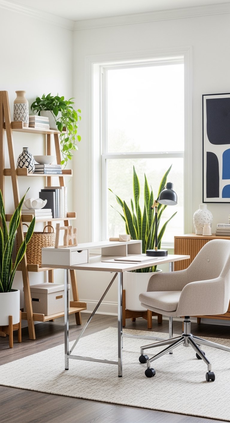 Bureau blanc lumineux près d'une fenêtre avec étagère échelle en bois