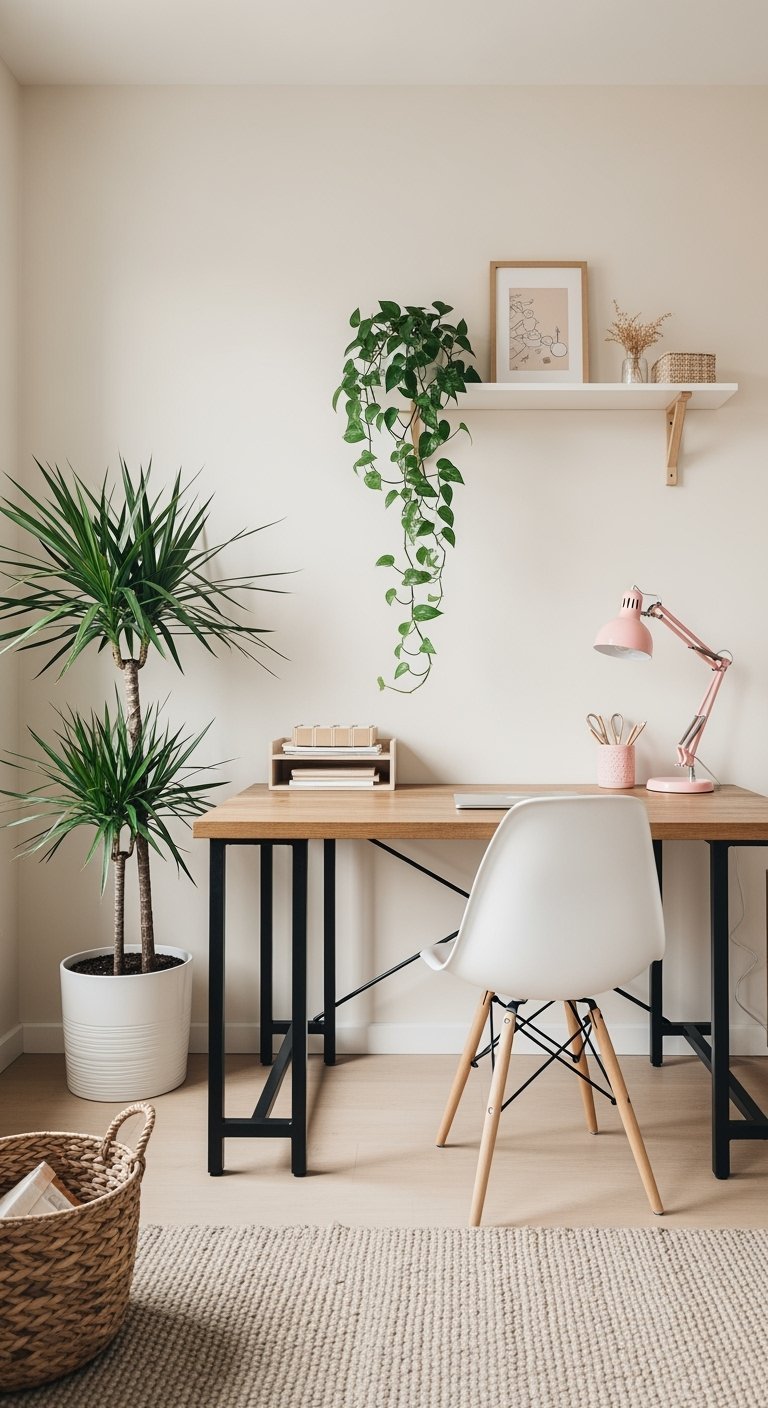 Bureau style industriel avec chaise blanche et plantes d'intérieur