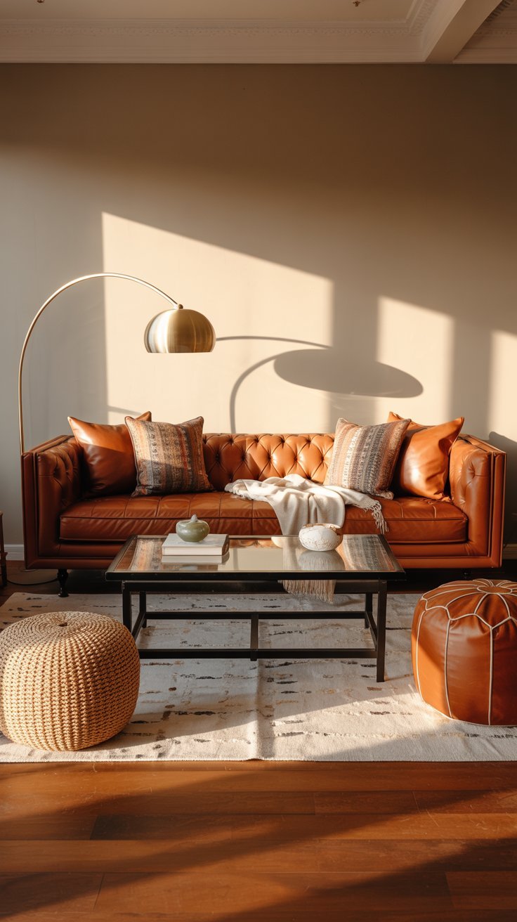 Canapé chesterfield en cuir marron avec un lampadaire arc en laiton